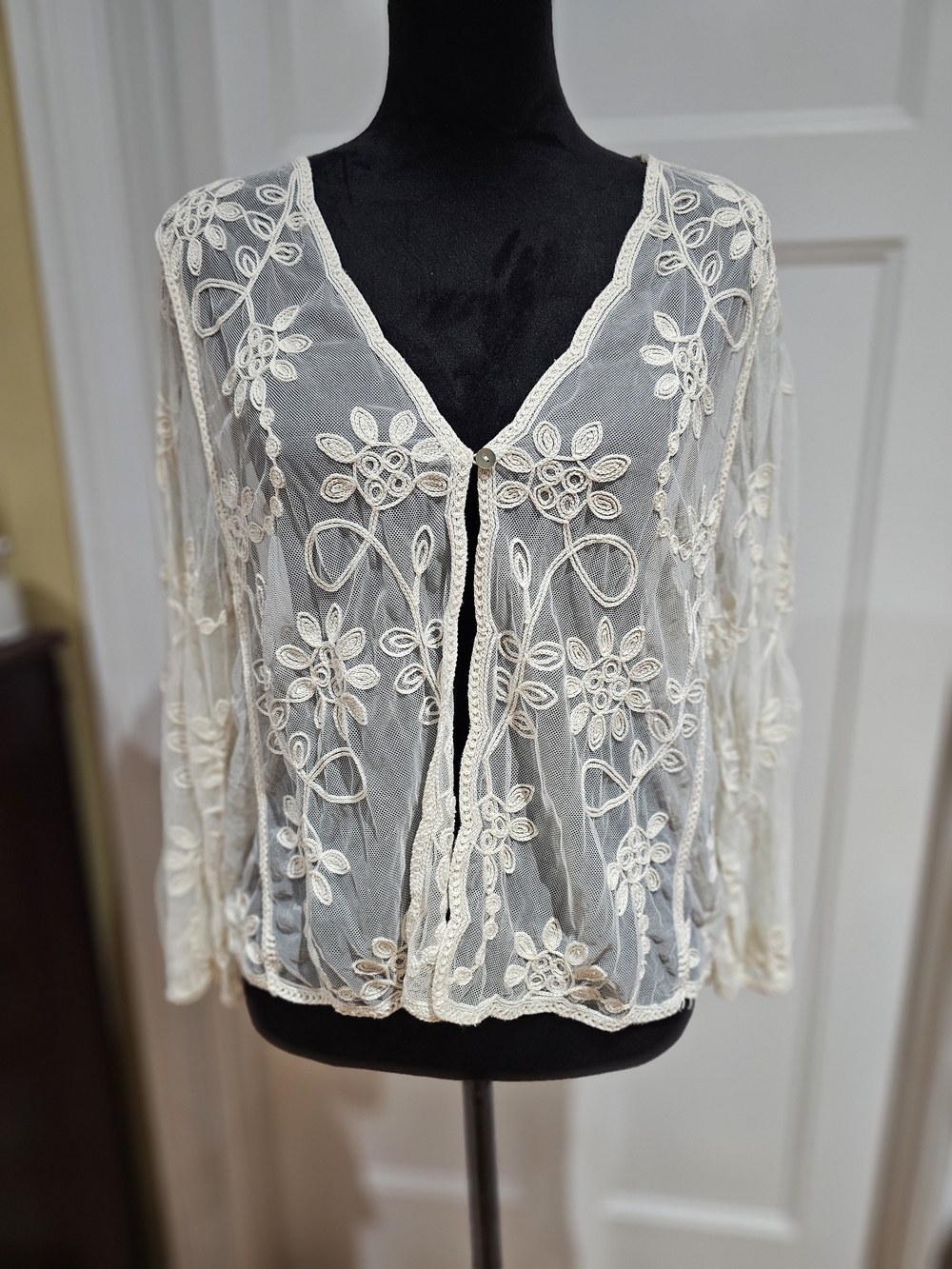 Sheer Floral Embroidered Cardigan - Cream